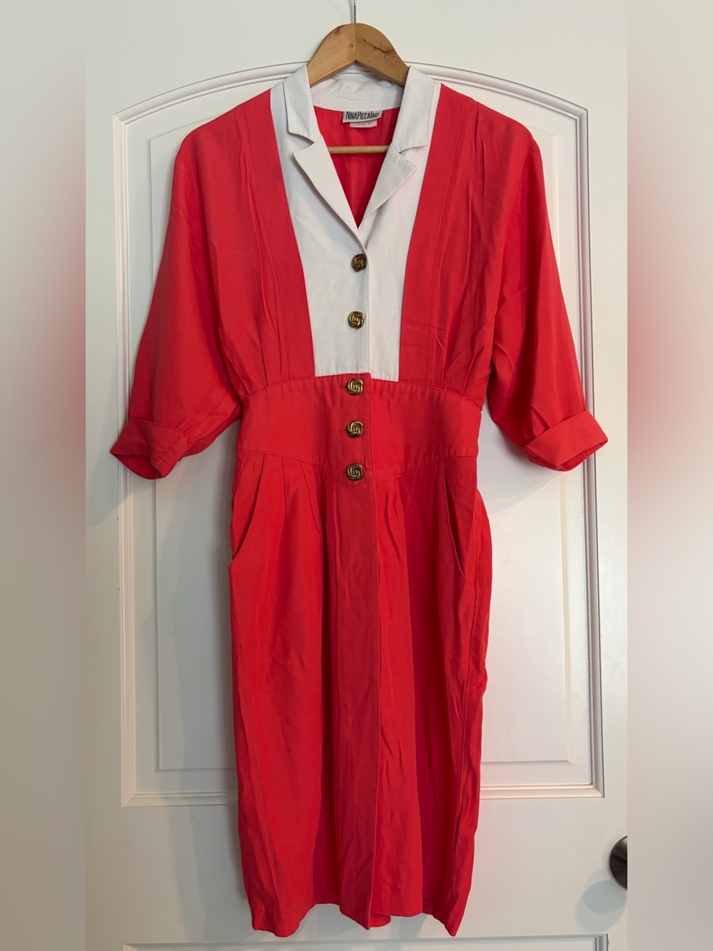 Vintage Nina Piccalino Red White Color-block Dress Button Front Pockets Size 6